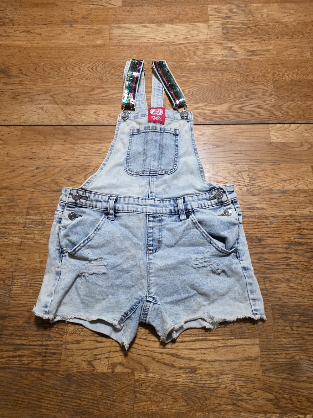 Limited Edition Jelly Belly Justice Sequin Denim Distressed Overalls Jumper